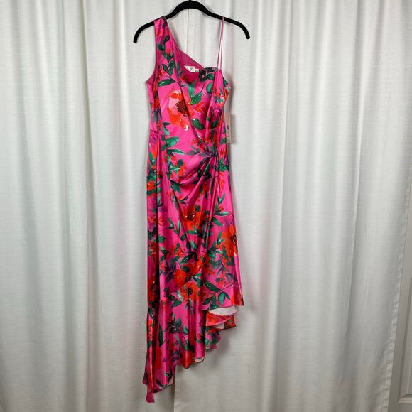 Eliza J Hot Pink Floral One Shoulder Ruffle Hi Lo A Line Dress Sz.10 NWT - Picture 4 of 16